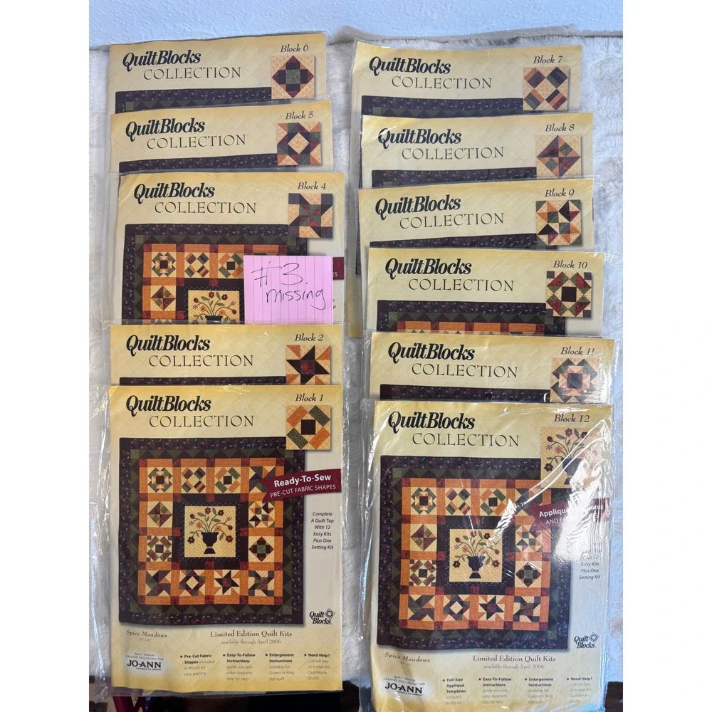 Jo-Ann QuiltBlocks Spice Meadows 11 Kit Lot Blocks 1-12 Missing #3